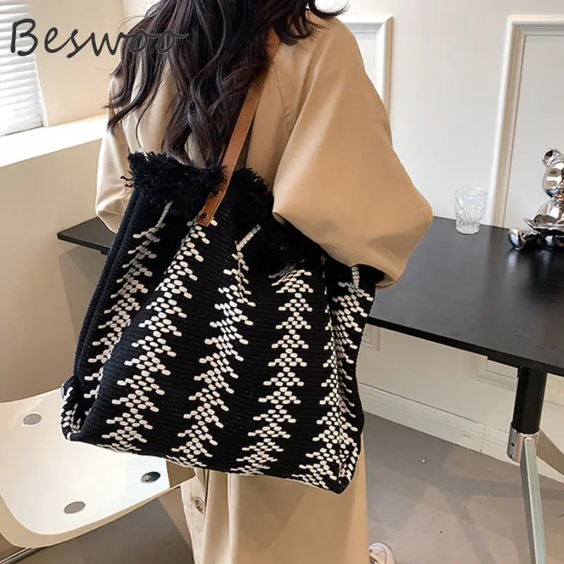 Women designer beach bag brand embroidery canvas Shopper top handle tote  handbag large capacity tassel shoulder bag