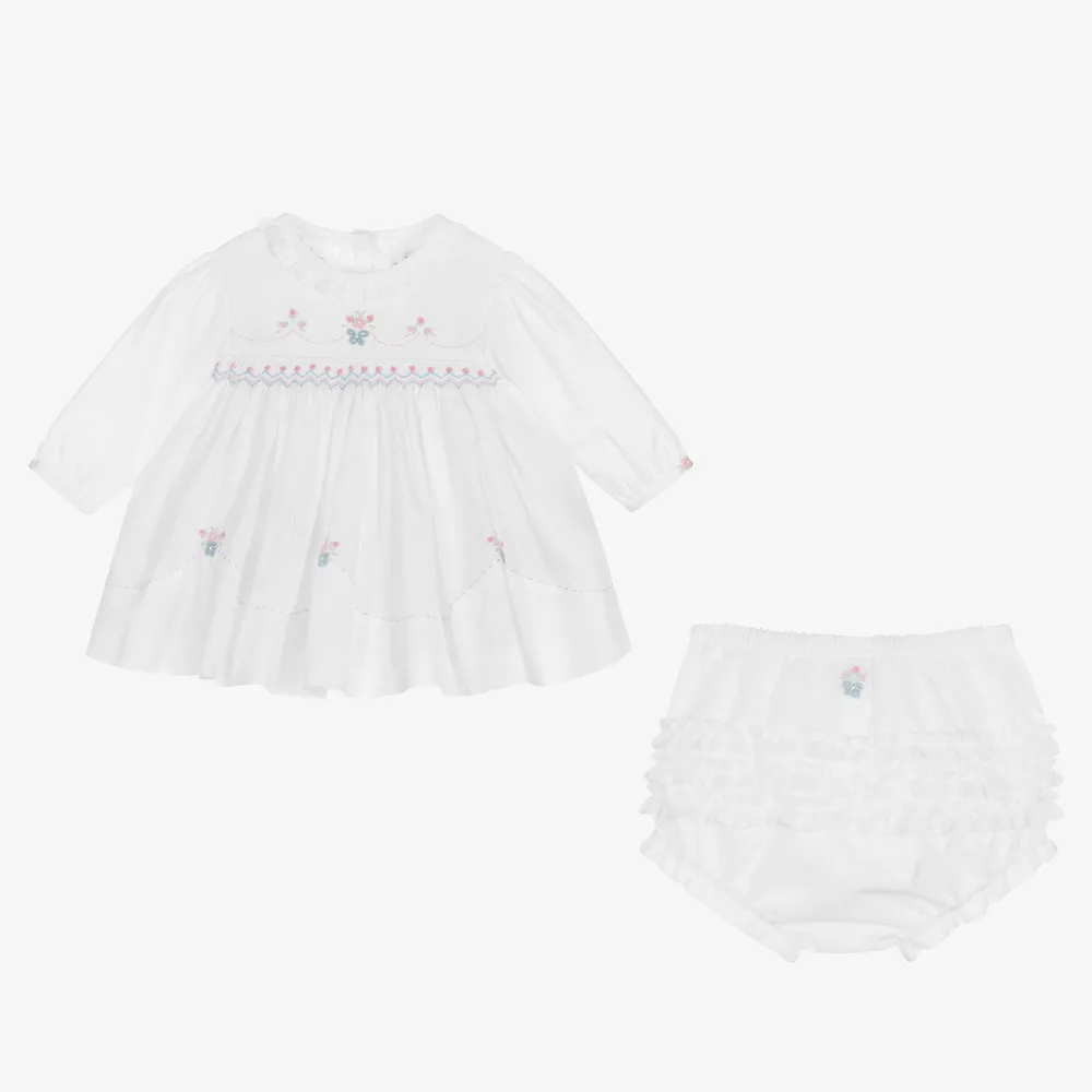 2PcsGirlsHandmadeSmockedWhiteCottonDressBabyEmbroideryKids