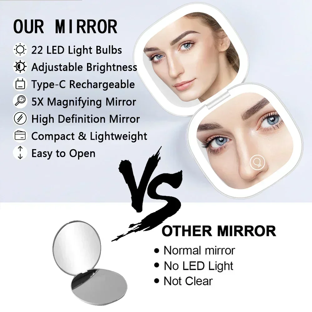 Travel Mirror with Lighting 1X/5X Magnifying Makeup Mirror USB Charging LED Compact Mirror for Handbag and Pocket Beauty Gift