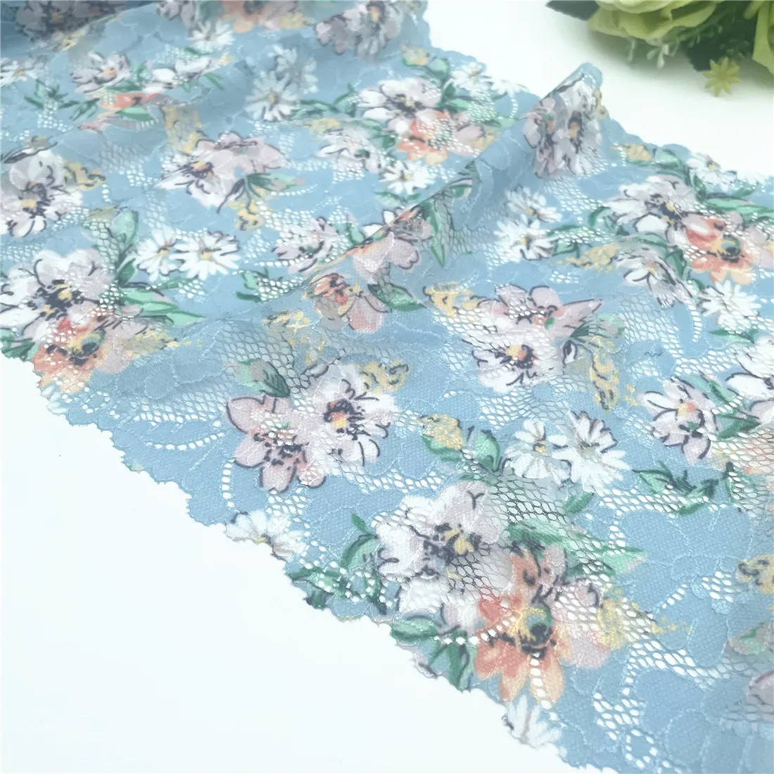 3y/lot Width 24cm Teal Blue Pretty Floral Elastic Lace Trims 5