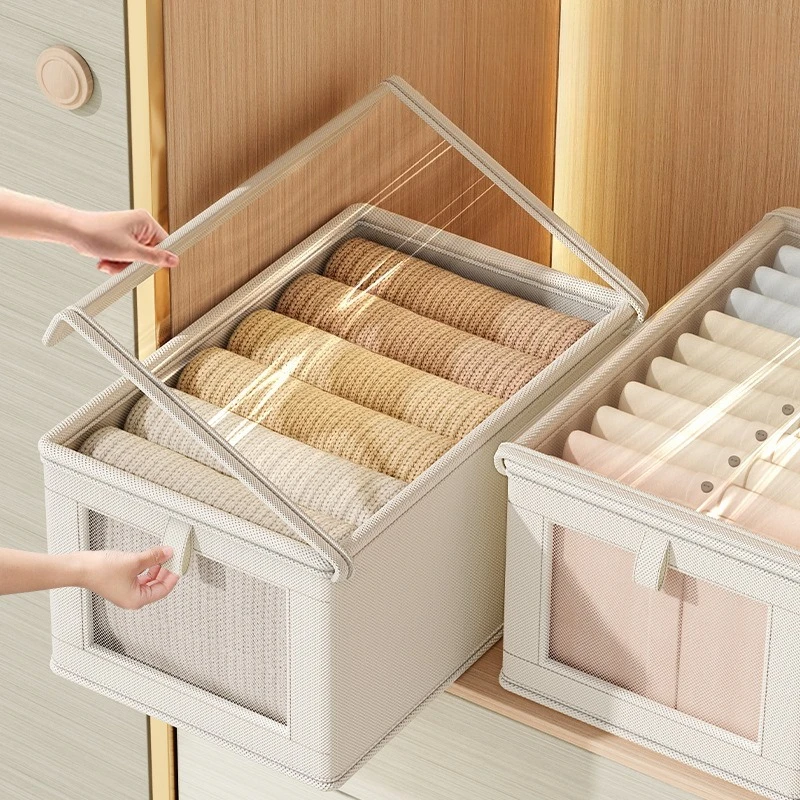 Caja de Almacenamiento de Tela Oxford con Tapa Transparente, Contenedor Plegable Grande para Ropa, Organizador de Armario