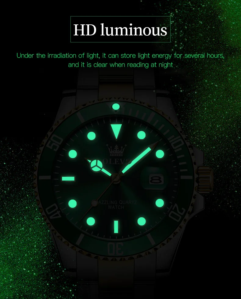 Olevs top original herren quarz uhr grün wasserdichte uhr für männer edelstahl quarz herren luxus uhr leuchtende armbanduhr – Detail 9