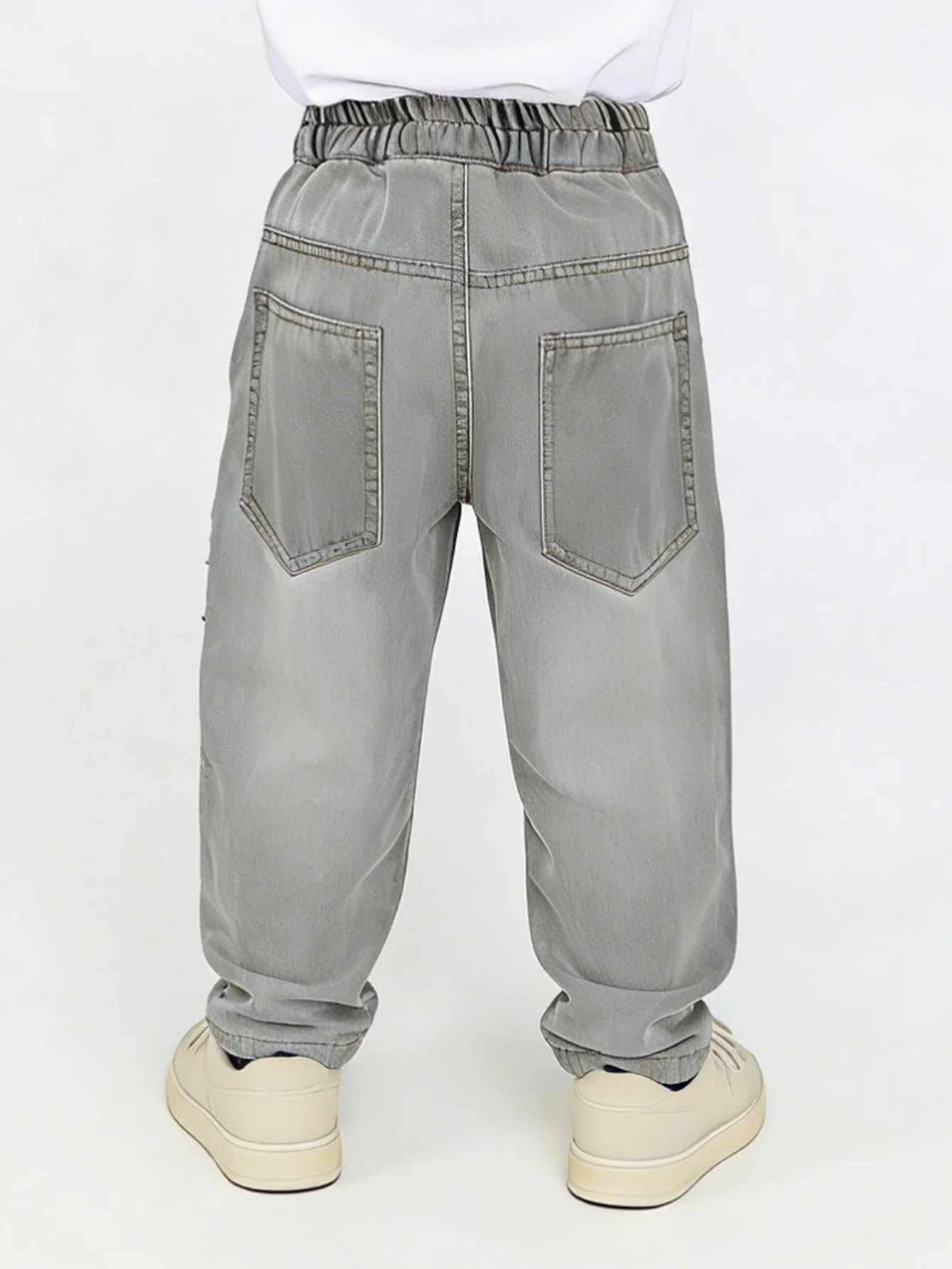 소년용 그레이 워싱 데미지 진 키즈 그래피티 프린트 와이드 레그 데님 팬츠 아동용 엘라스틱 허리 스트리트웨어 바지 2026 신상