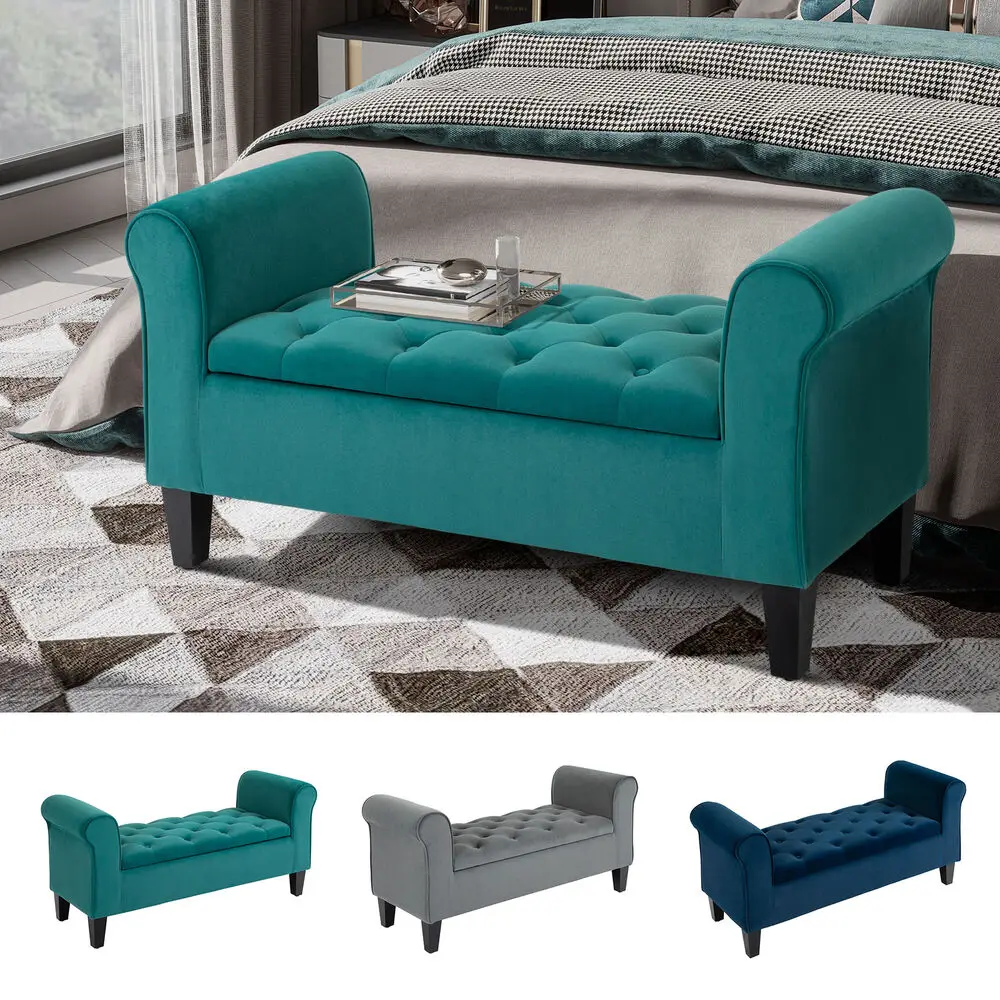 Button-Tufted Storage Bench Fabric Upholstered Ottoman with Armrests