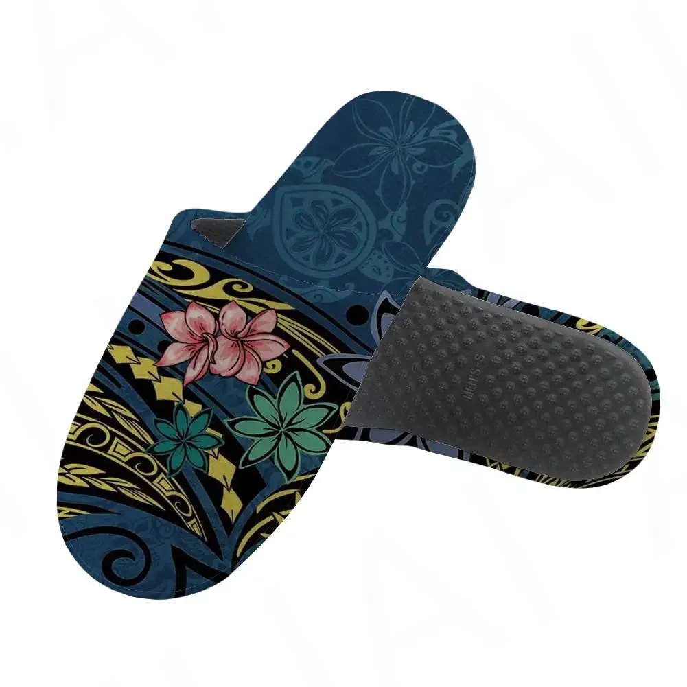 Men's Cotton Slippers Hawaii Polynesian Plumeria Print Indoor Non-slip Flat Shoes Warm House Soft Plush Fashion
