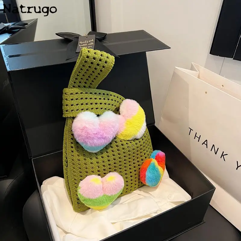 

Cute Pendant Knitted Wrist Bag Women Bag Casual Shoulder Tote Bag Female Reusable Shopping Bags Woven Handbag With Pearl Chain