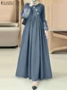 ZANZEA Muslim Fashion Hijabis Modest Maxi Dresses Women Printed Lantern Sleeve High Waist Pleated Abaya Robes Loose Eid Vestidos