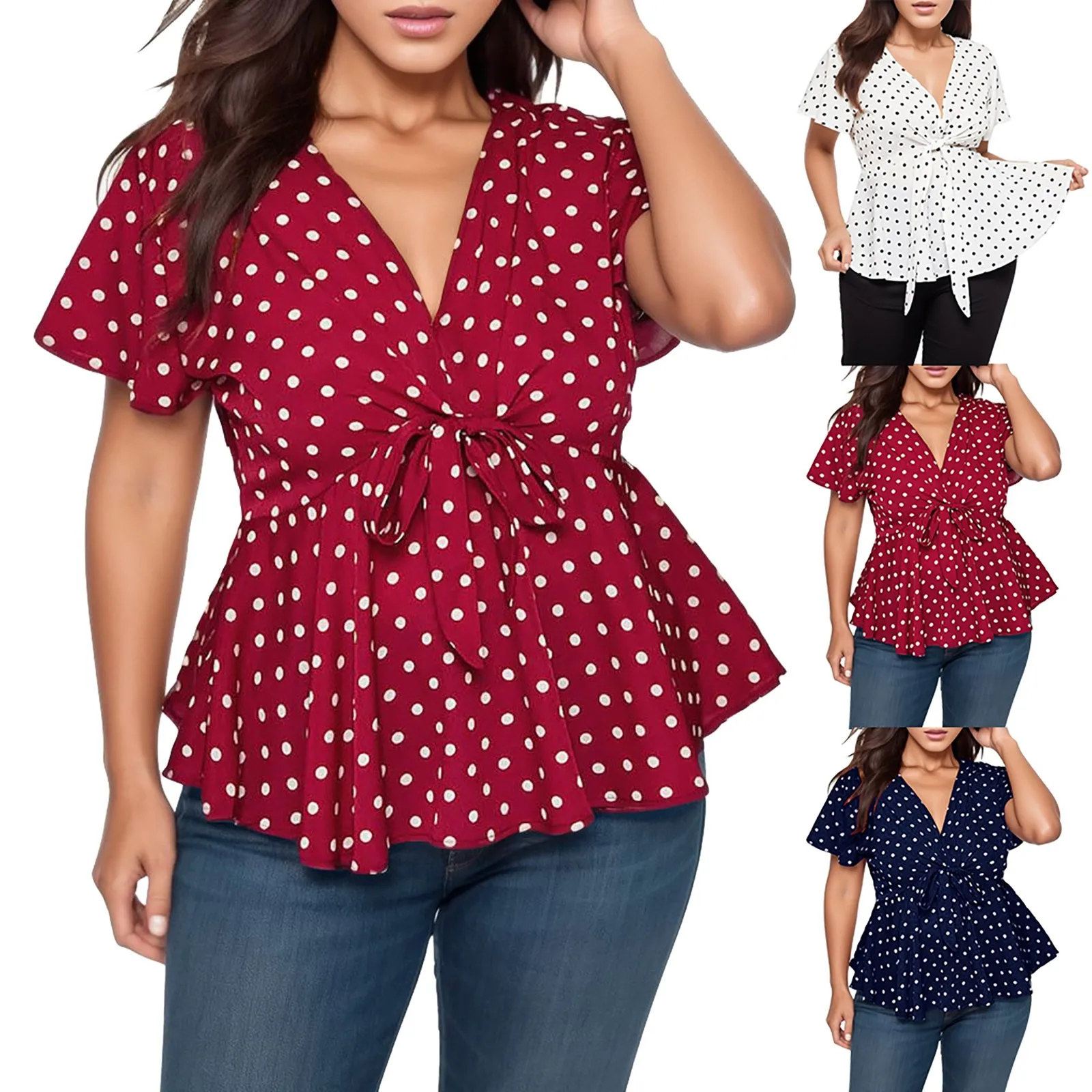 

Top Size Shirt V Polka Dot Sleeve Front Women's Knot Short Blouse Neck Women's Blouse Button up Tunic Sports Wear Women