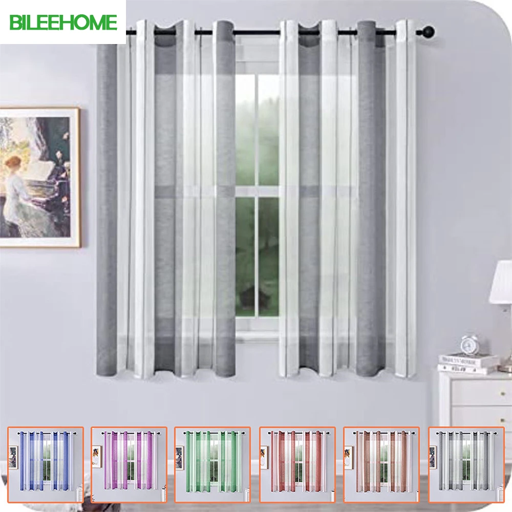 BILEEHOME Short Sheer Curtains for Window Tulle Striped Voile Curtain for the Room Kitchen Drapes Half-Window Blinds Home Decro