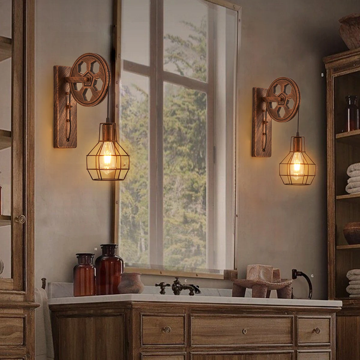 소박한 하드 와이어 벽 스콘스, 빈티지 농가 벽 조명 세트, 실내 벽걸이 조명, 산업 스타일, 2 개
