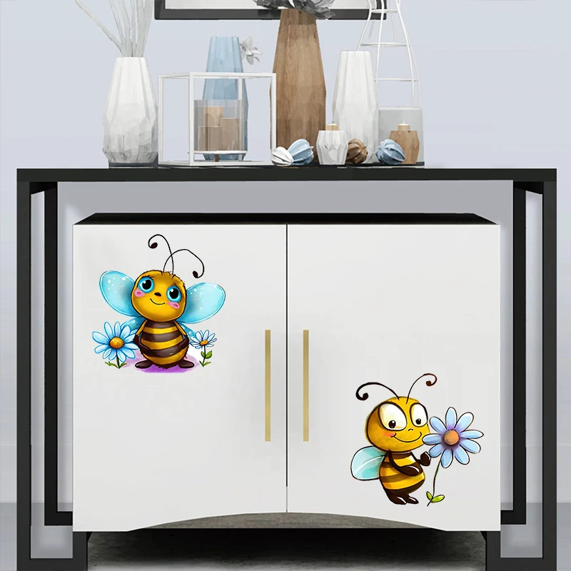 T299# Cute Bee and Flowers Wall Sticker Bathroom Toilet Decor Living Room Cabinet Refrigerator Home Decoration Decals