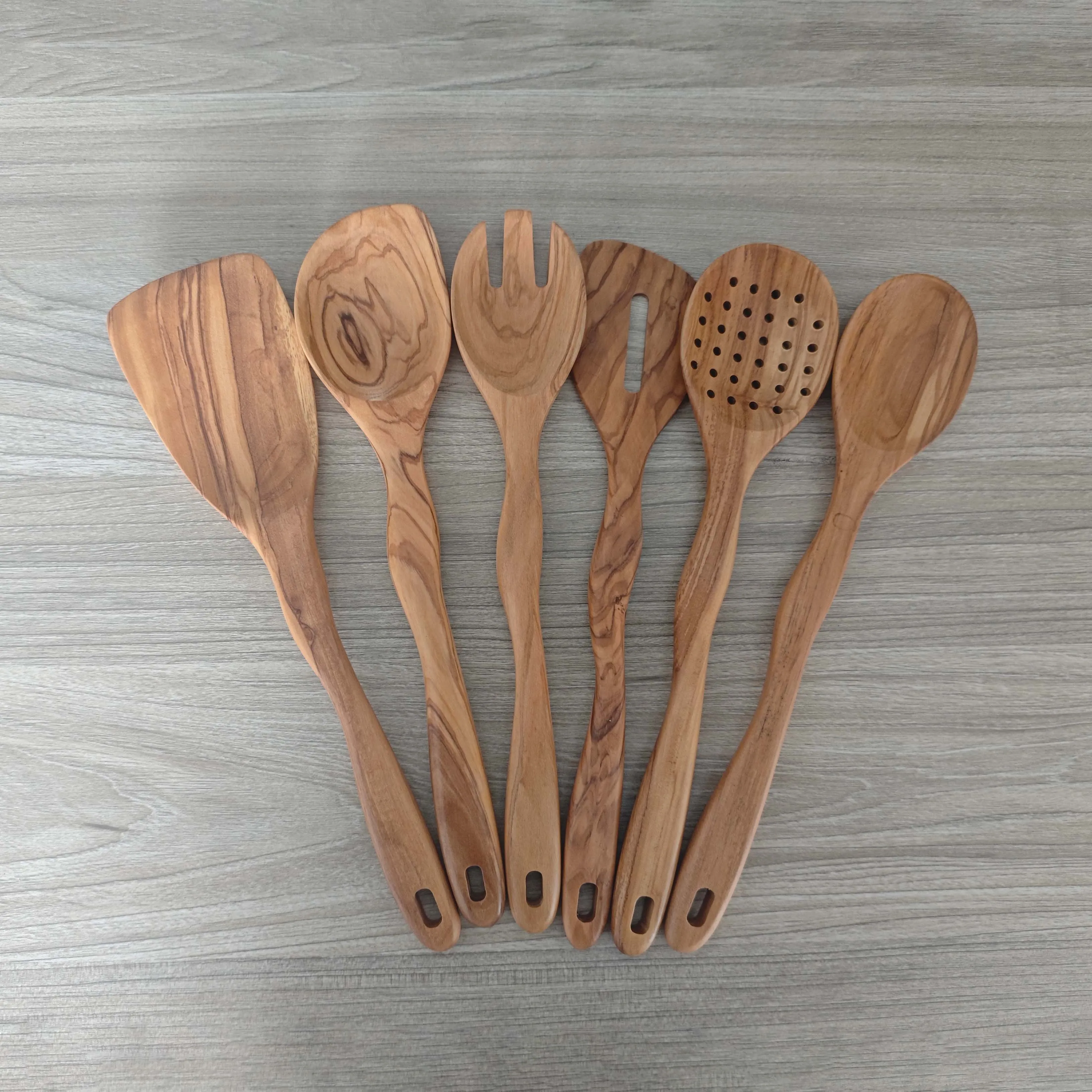 Wooden Kitchenware Set Spatula Noodle Scoop and Strainer Olive Wood Curved Handle Kitchen Shovel Spoon Six Piece Set IK