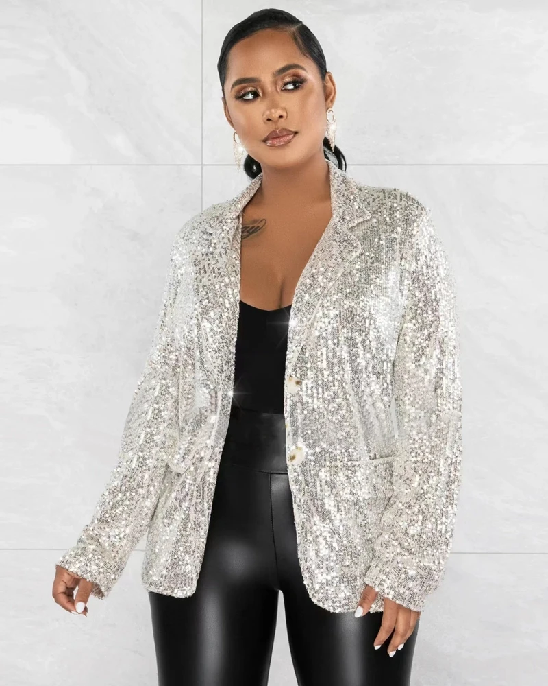 

STYLISH LADY Sparkly Sequined Blazers 2023 Autumn Women Long Sleeve Notched Single Breasted Elegant OL Party Festival Outwear