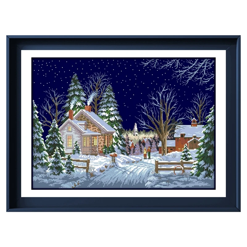 Clear stock Winter night cross stitch package snow 18ct 14ct 11ct deep blue cotton thread embroidery DIY handmade needlework