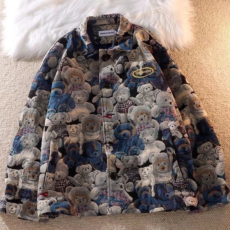Autumn and Winter Fashion Casual Cute Bear Print Lapel Jacket for Men and Women Single-breasted Jacket 2024 New Women Clothing