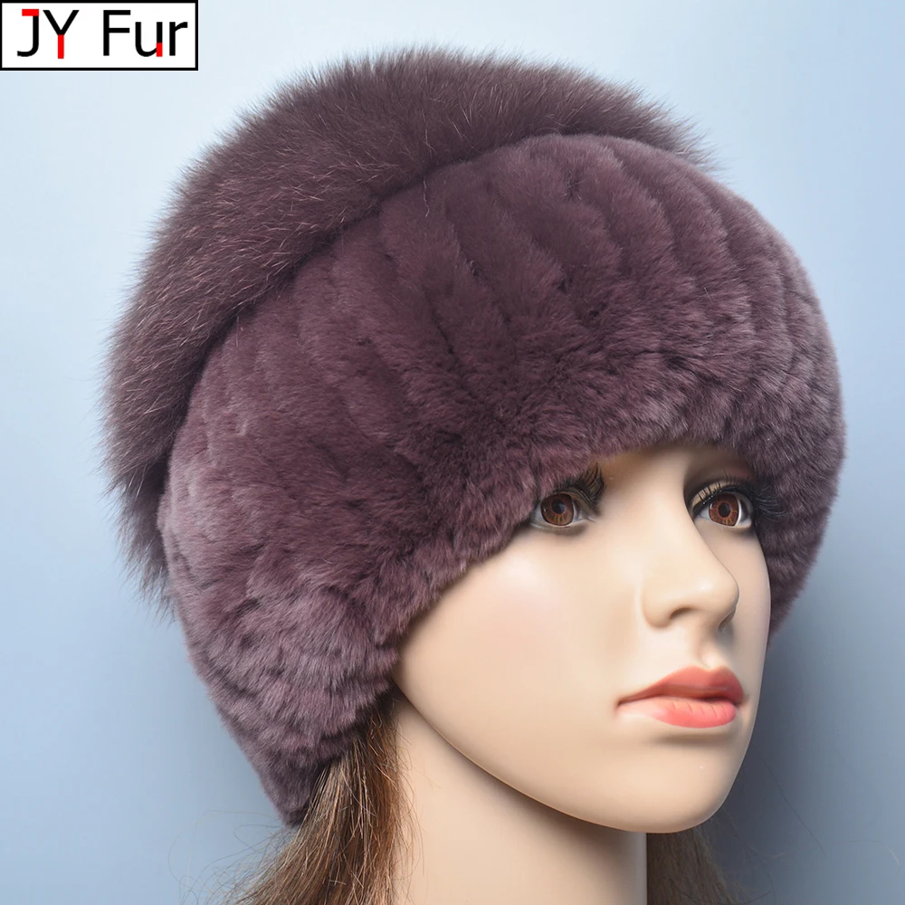 Russia Lady Winter Real Fur Hat Women Warm Knitted Genuine Rex Rabbit Fur Hat Top Natural Fox Bomber Caps Rex Rabbit Cap fur hat winter hat