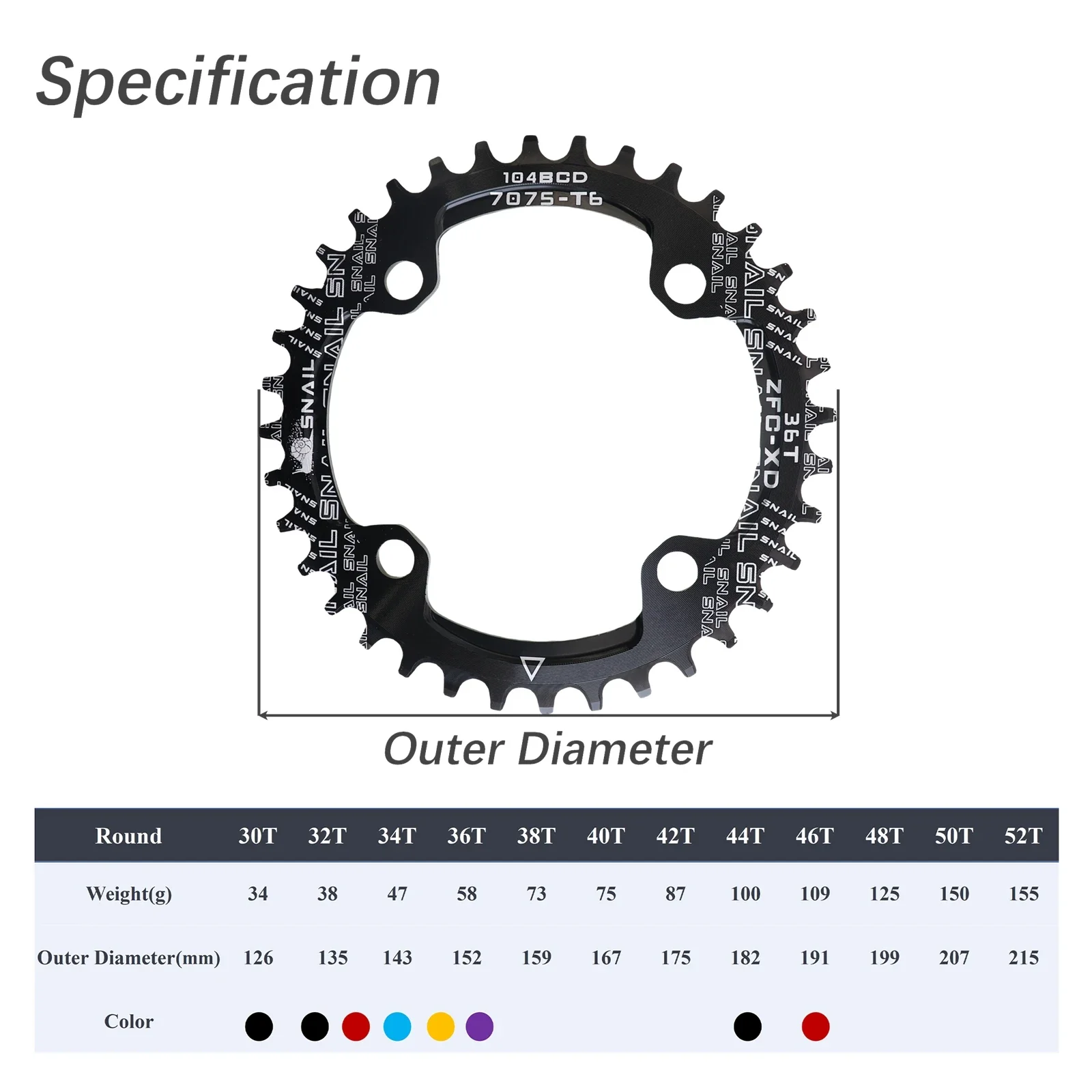 Bike Chainring SNAIL 104BCD Round 30t 32t 34t 36t 38 tooth Narrow n Wide Ultralight Tooth Plate MTB Mountain Bike 104 BCD Chainwheel bike chainring,bicycle parts