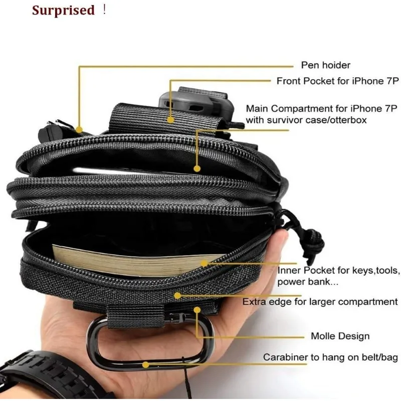 Marsupio Tattico Militare, Porta Telefono Borsello, Sacchetto Tattico Molle, Cintura Tattica Marsupio, Edc Pouch Molle, Multifunzionale, per Campeggio, Ciclismo, Viaggi In Alpinismo (Nero