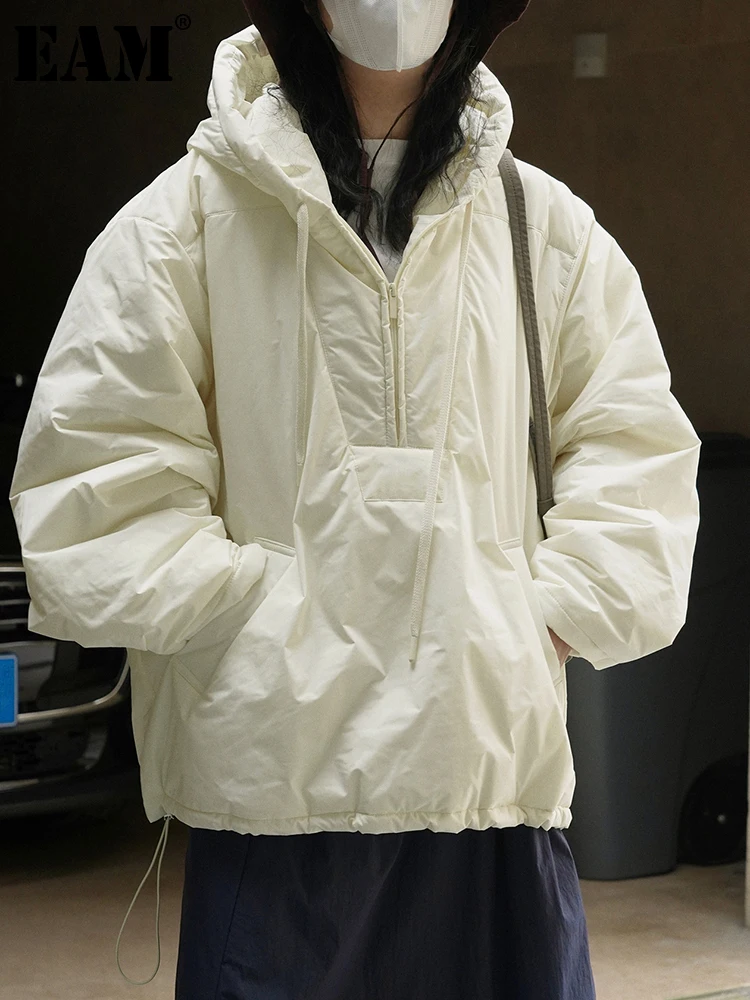 

[EAM] Beige Big Size Warm Cotton-padded Coat Long Sleeve Loose Fit Women Parkas Fashion Tide New Autumn Winter 2024 1DH2762