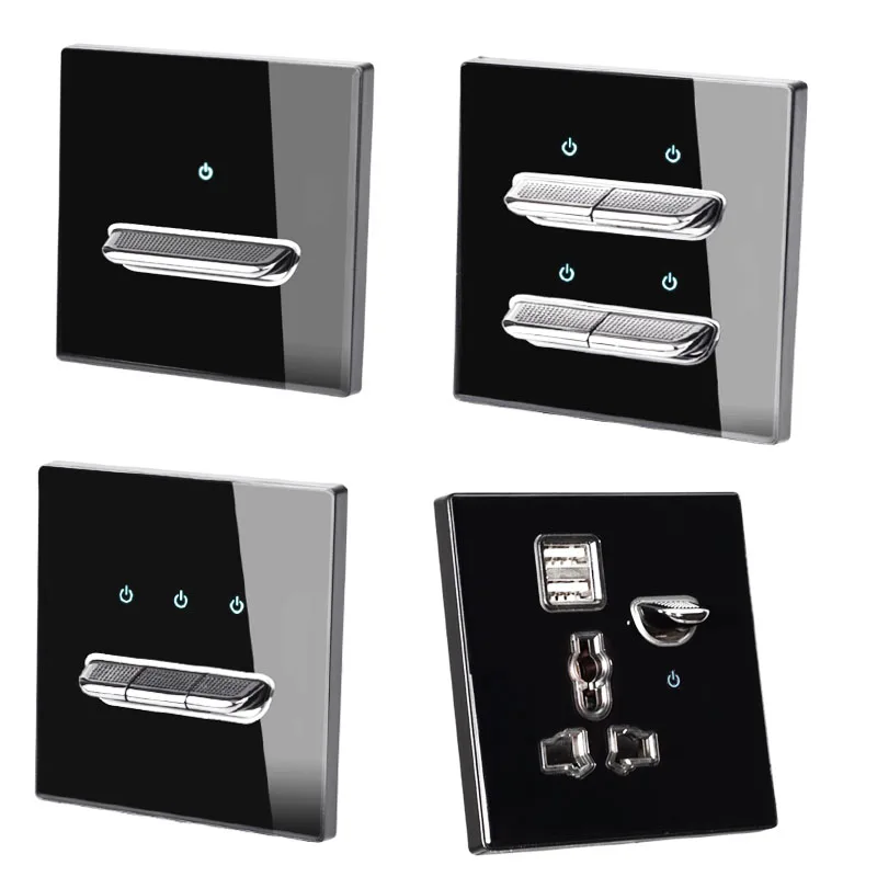 Vidro Preto Novo Interruptor de Luz com Luz Led Stairway Through Switch Painel Tomada de Parede Usb eu 16a Tomada Elétrica
