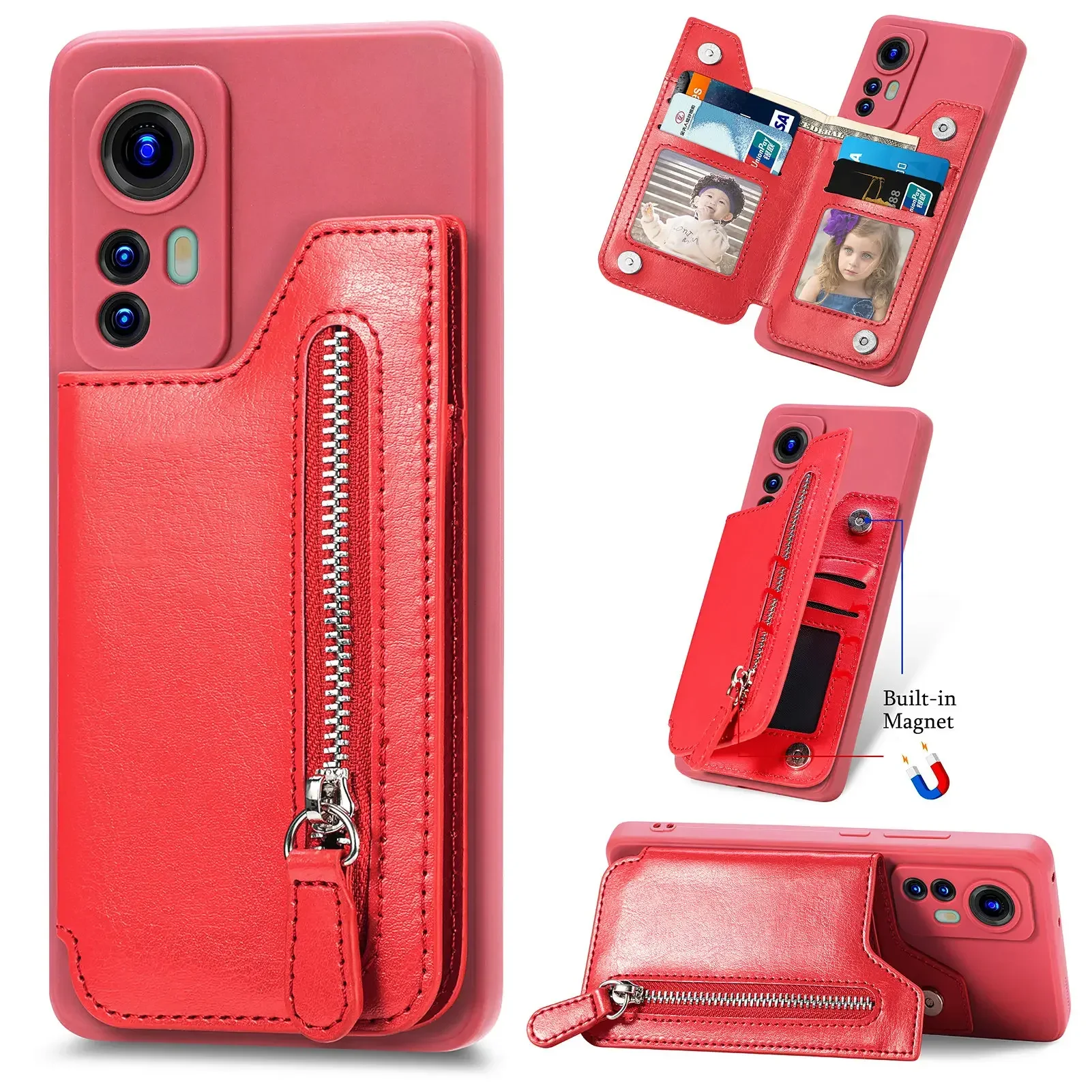 Zipper Wallet Leather Case with Magnetic Stand Cover