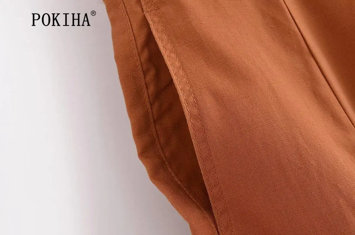 Pokiha Fashion Women Vintage Linen Front Buttons Cropped Waistcoat And Elegant Mid Waisted Midi Dress Female Chic Two_voghion.com