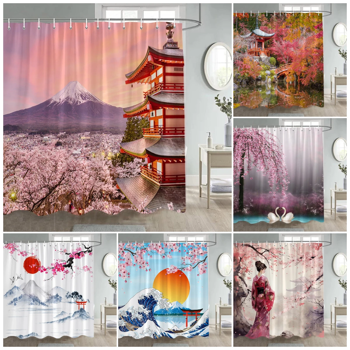 

Japan Mount Fuji Scenery Shower Curtain Pink Cherry Blossom Flower Natural Landscape Bathroom Decor Waterproof Screen With Hook