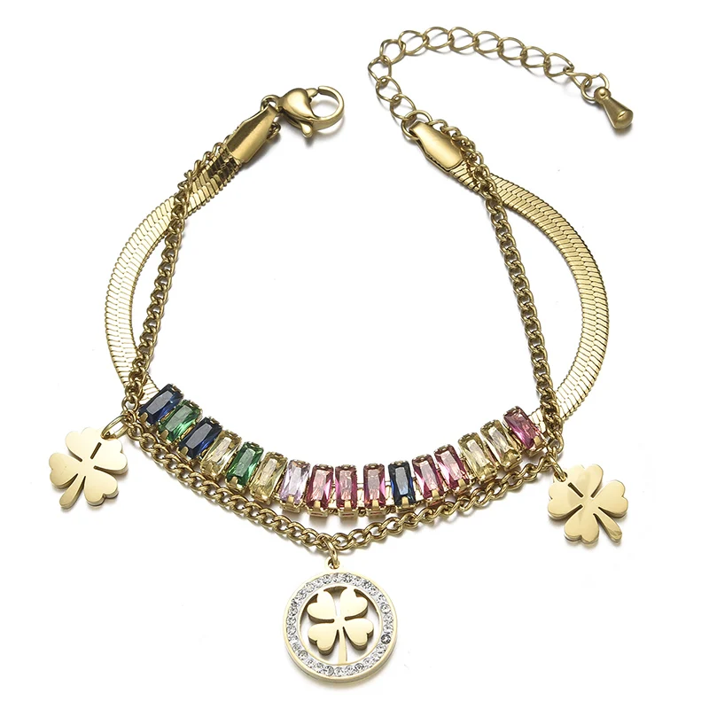 LuxuryColoredCrystalTennisChainColorfulZirconiumBraceletsStainlessWomenWristJewelry