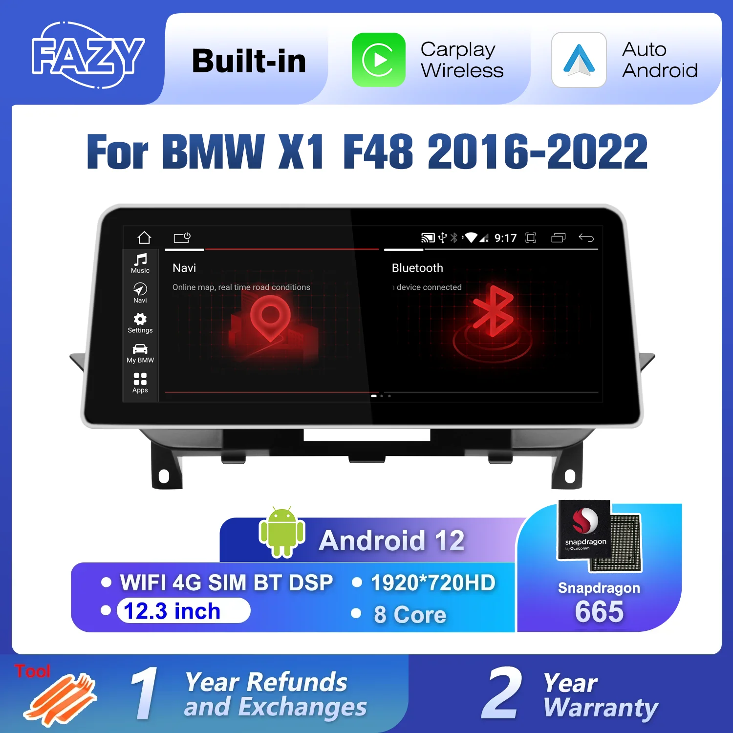 

Qualcom 8 core Android 12 Auto Radio For BMW X1 F48 2016-2022 NBT EVO CarPlay Multimedia Player Stereo DSP GPS 4G SIM WiFi