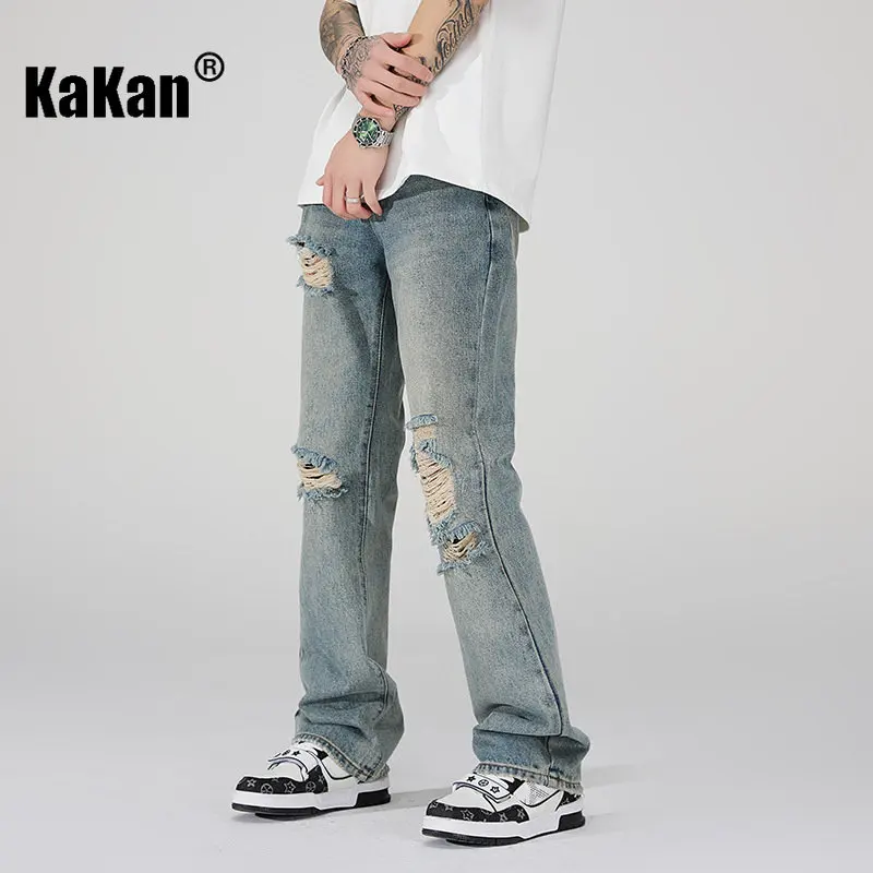 Kakan - New High Street Distressed Washed Old Jeans for Men, Trendy Hip Hop Loose Straight Length Jeans K24-ZLJLB0066