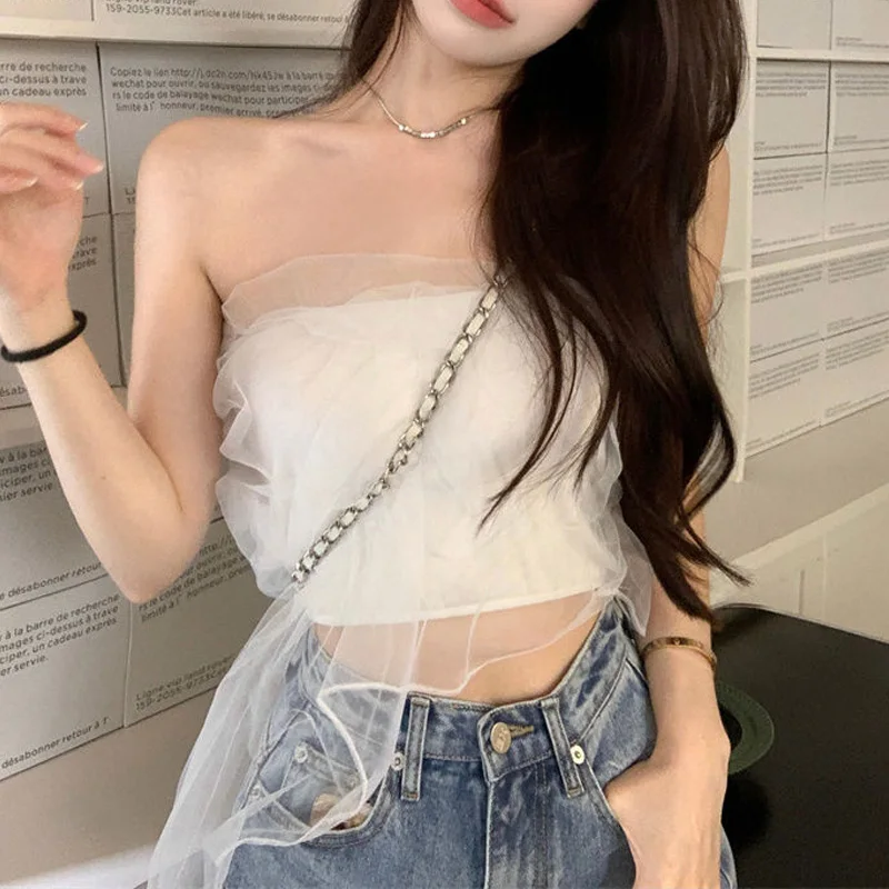 

2023 New Summer Fashion Individualized Pure Desire Sexy Mesh Short Bra Top with Spicy Girls Underlay Versatile Women's Top