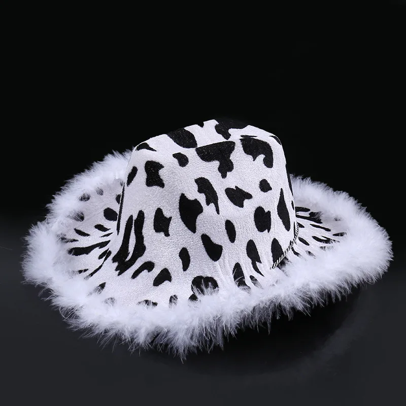 Fashionable Cowboy Hat Simple Solid Color Fur Edge Leopard Print Party Hat Women Men Performance Lanyard Fancy Dress Hat 2