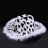 Fashionable Cowboy Hat Simple Solid Color Fur Edge Leopard Print Party Hat Women Men Performance Lanyard Fancy Dress Hat 2