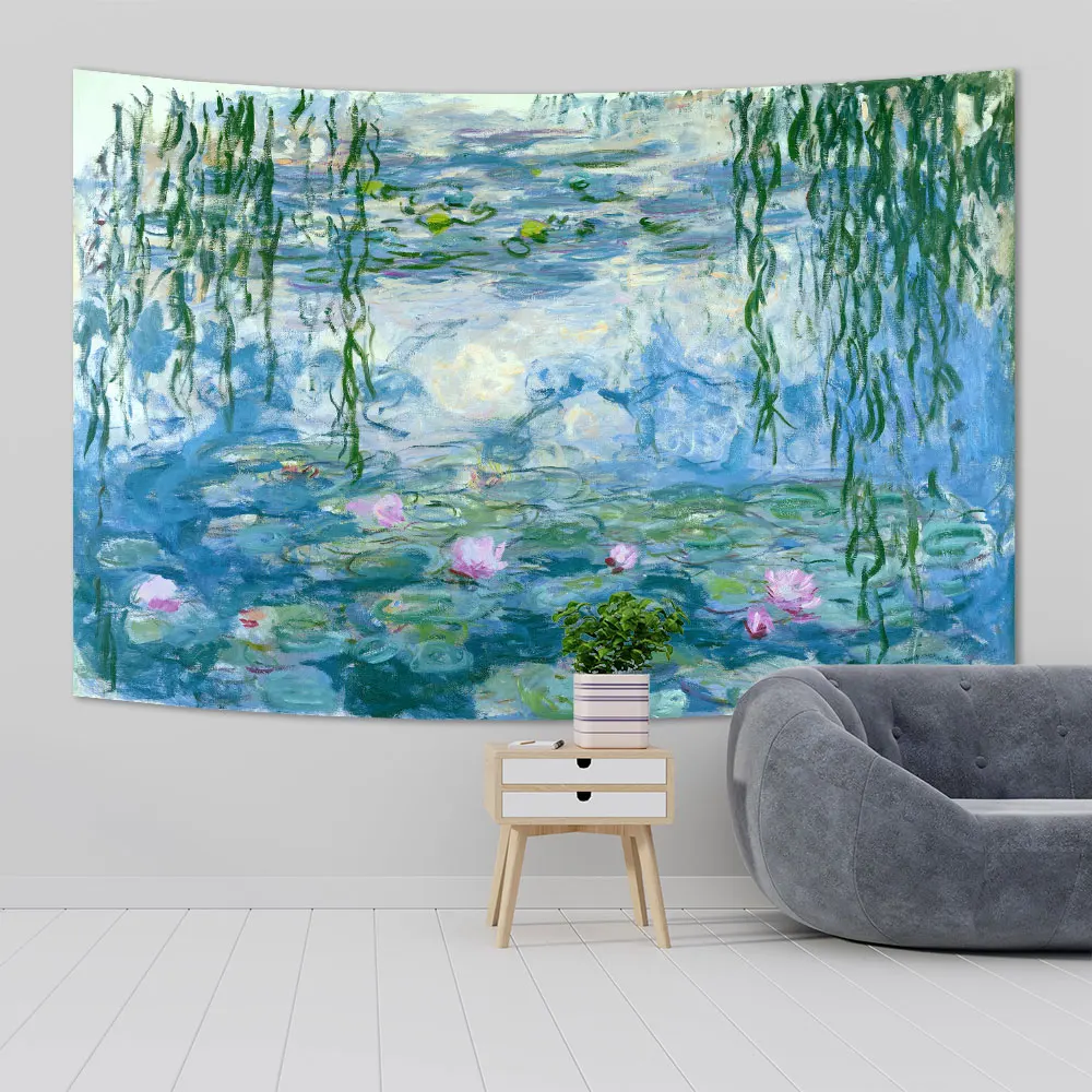 

QdDeco Monet Water Lily Oil Painting Wall Hanging Tapestries Artwork Landscape Printed Cloth Aesthetic Home Decor