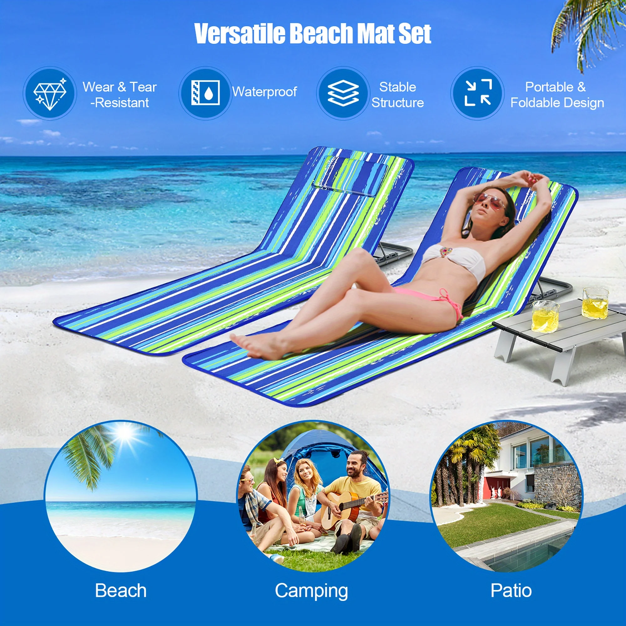 Lounge Chair Mat Set - Adjustable Chairs with Sunbathing Table, Striped Style for Ultimate Relaxation 2
