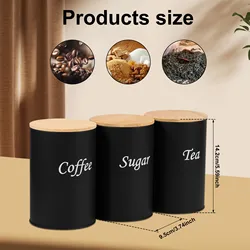 Set of 3 Bamboo - Lid Metal Storage Jars for Coffee, Tea, and Sugar (B Black)