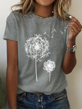Dandelion Print Crew Neck T-Shirt, Casual Short Sleeve Top For Spring & Summer, Women's Clothing 1