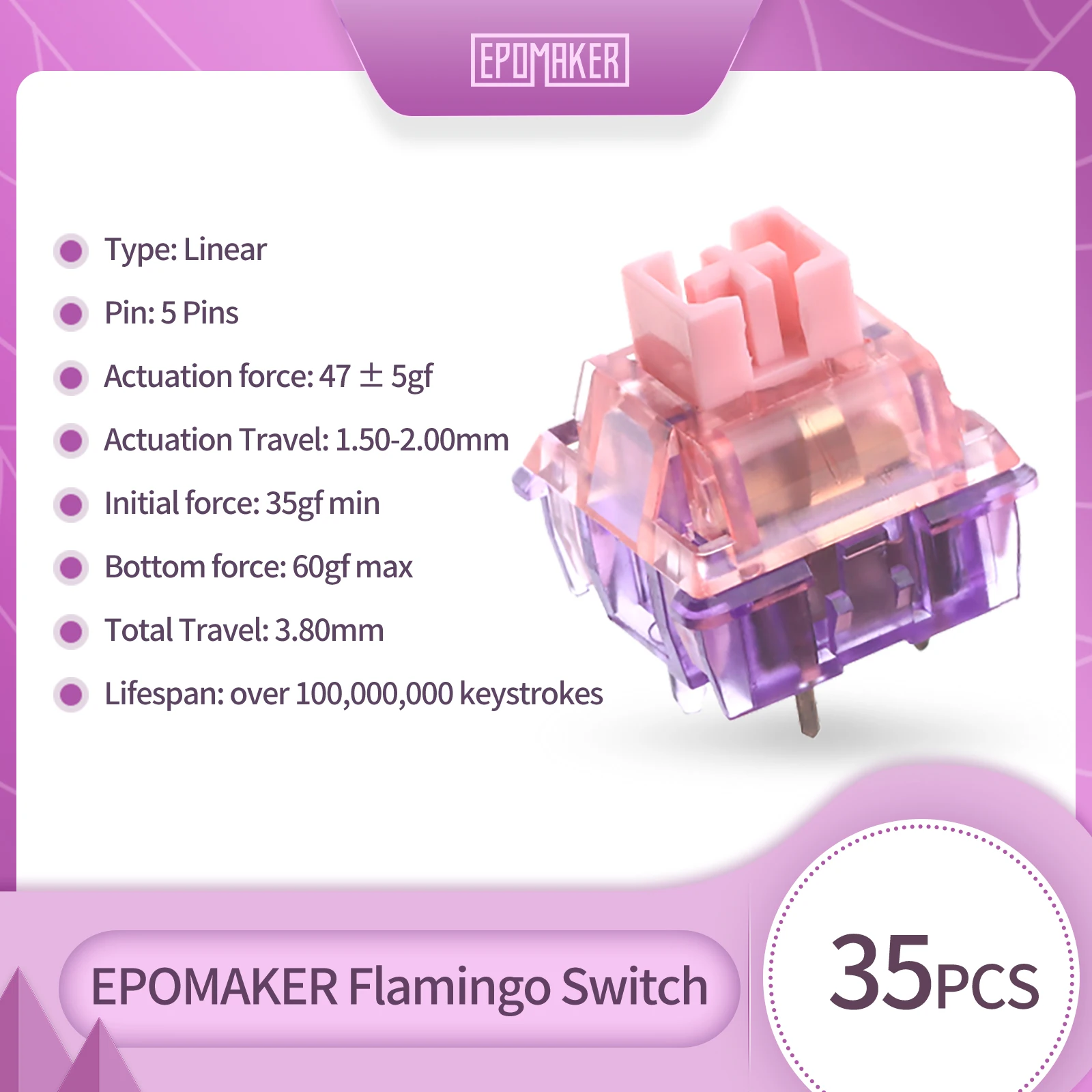 Epomaker Flamingo Switches Conjunto Linear Fábrica Lubed Switch Pom Stem Dupla Primavera pc Habitação Teclado Mecânico 35 Peças
