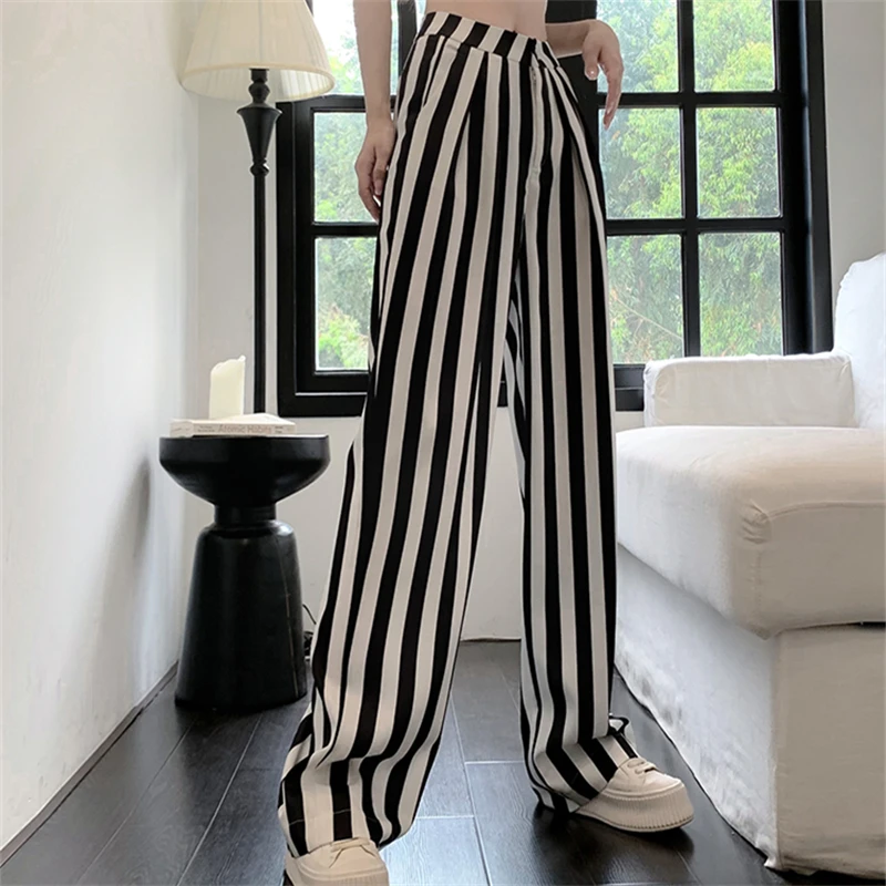 Women's High Waisted Black and White Striped Wide Leg Pants Summer High Street Versatile Casual Wide Leg Mop Trousers Female