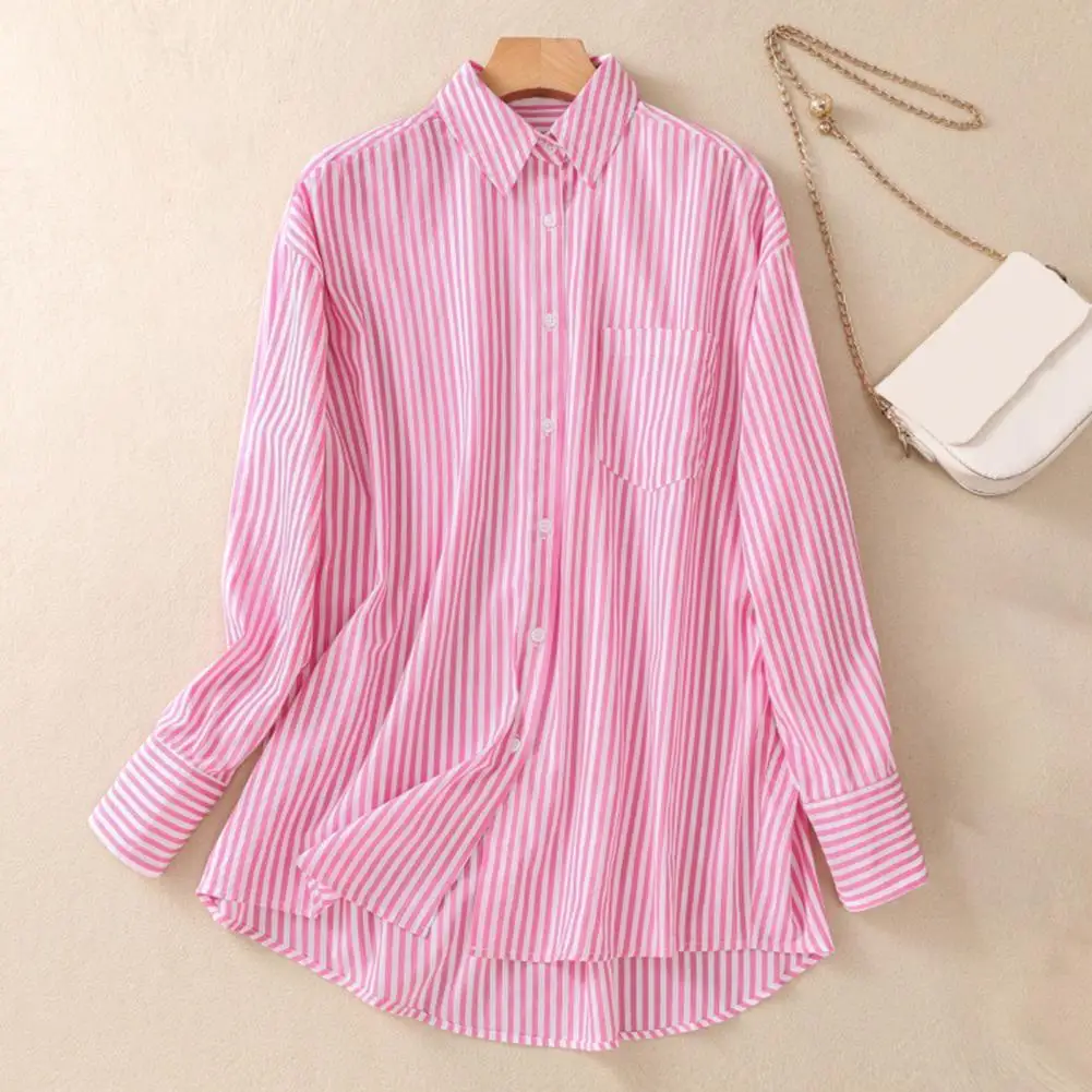 

Versatile Women Blouse Stylish Women's Color-blocked Stripes Shirt with Patch Pocket Single Breasted Design for Streetwear