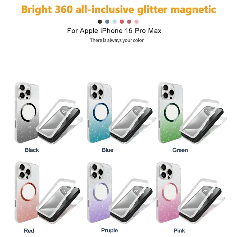 Glitter Bling Sparkly Hybrid Shockproof For MagSafe 360 Full Cover For iPhone 16 Pro Max 15 14 Plus 13 12 11 Magnetic Phone Case 6