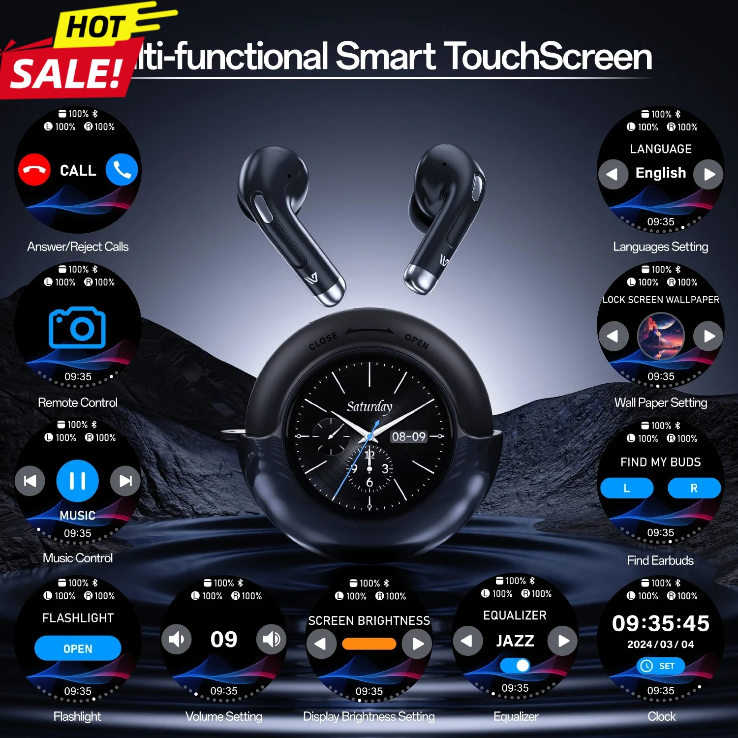 AI Wireless Earbuds 30H Playtime Smart Touch Screen Case Bluetooth 54 13mm Driver in Ear Headphones Comfort Fit All Day