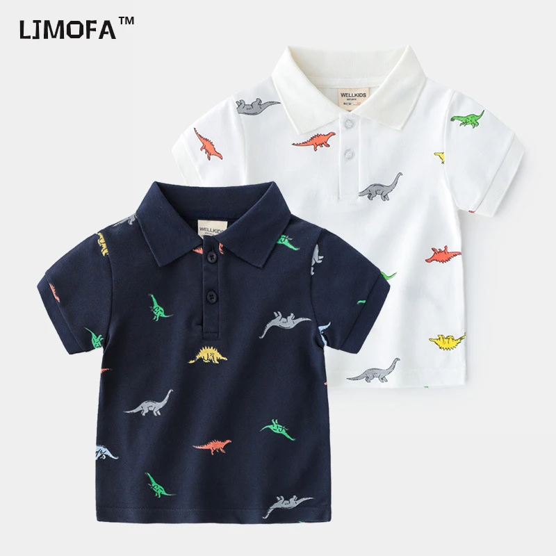 

LJMOFA Kids Cartoon Dino Printed Polo Shirts for Boys Kids Short-sleeve Tees Children Tops T shirt Toddler Children Clothes D488
