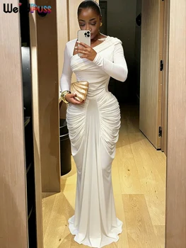 Weird Puss Classic Banquet Dress+Scarf Women Irregular Collar Flare Sleeve Elegant Pleat Patchwork Evening Stretch Slim Bodycon 1