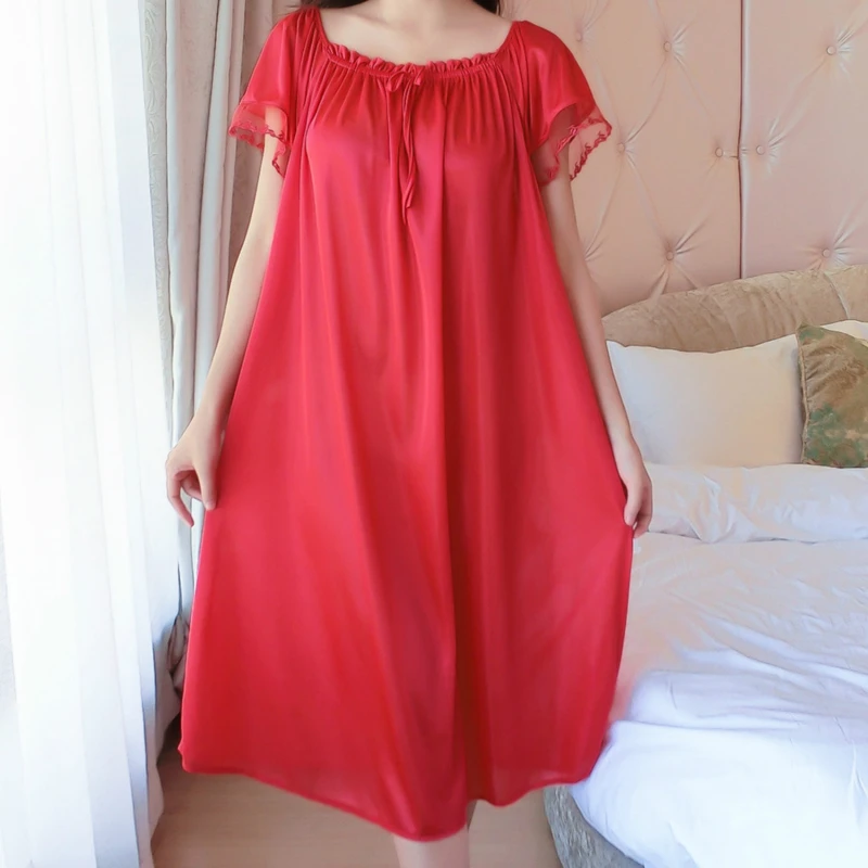 Women Night Gowns Sleepwear Lace Patchwork Nightwear Long Sleeping Dress Casual Ladies Home Dressing