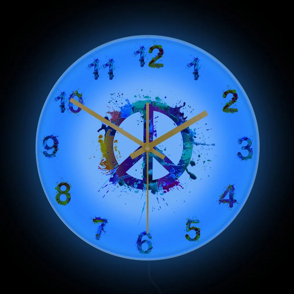 

Peace Sign Symbol Watercolor Print Wall Clock With LED Backlight Housewarming Sign Language Wall Art Lighting Clock Bedside Lamp