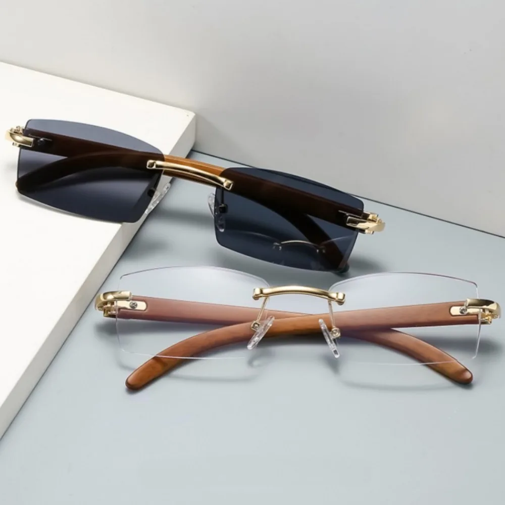 Retro Sunglasses for Women Ins Same Style Wood Texture Leopard Grain Mirror Legs Octagon Frameless Korean
