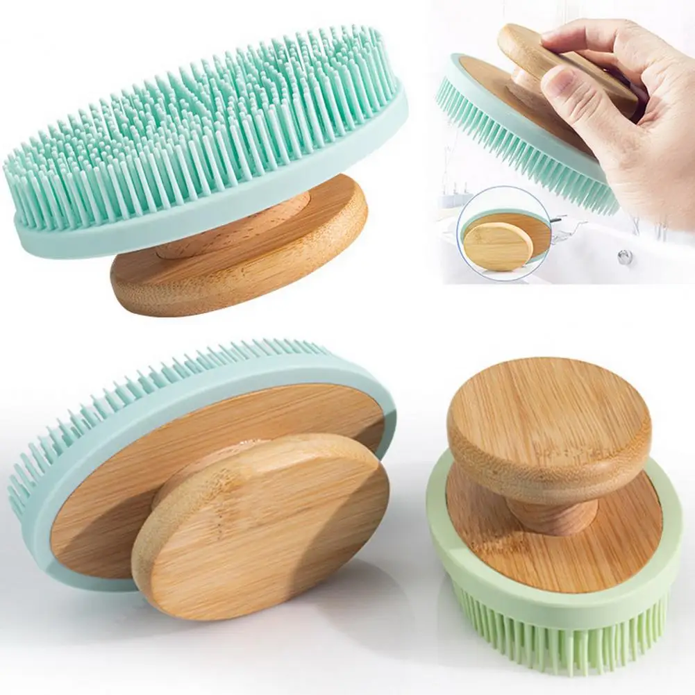Soft Silicone Body Brush Silicone Bath Brush Soft Silicone Body Scrubber Shower Brush with Bamboo Handle Handheld Long Teeth