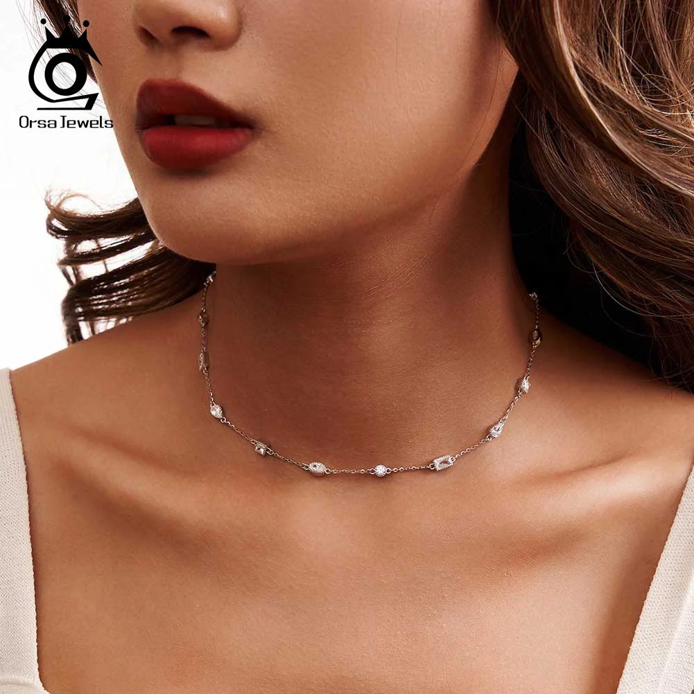 ORSA JEWELS 여성용 절묘한 14K 골드 초커 목걸이, 사각형 및 타원형, 4A 지르코니아 목걸이, 생일 쥬얼리 BQN02 패션
