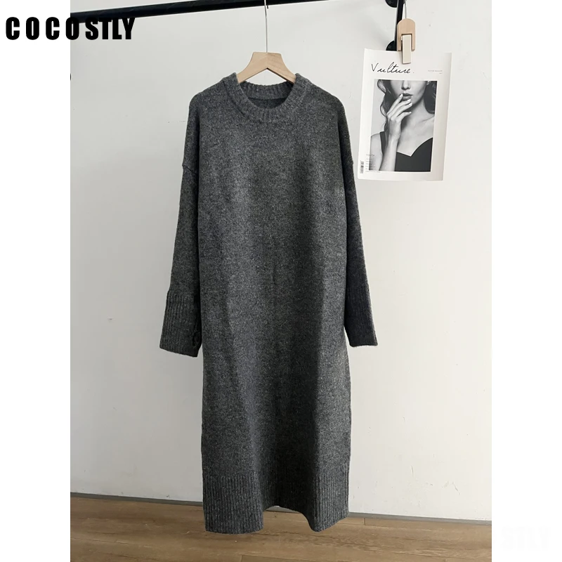 

Cocostly 2023Winter Women O Neck Long Sleeve Knit Dress Pullover Female Casual Loose Soft Warm Sweater Dresses Jumper Robe Mujer